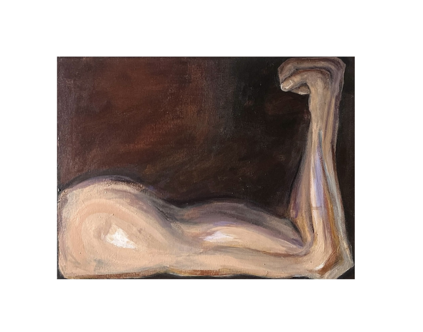 A painting of a flexed arm and bicep against a dark brown background.