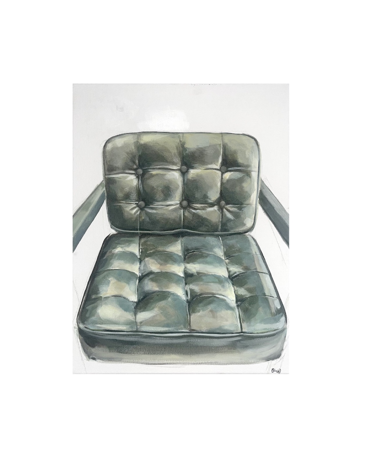 A painting of a green tufted leather armchair — its buttoned back and seat cushions.