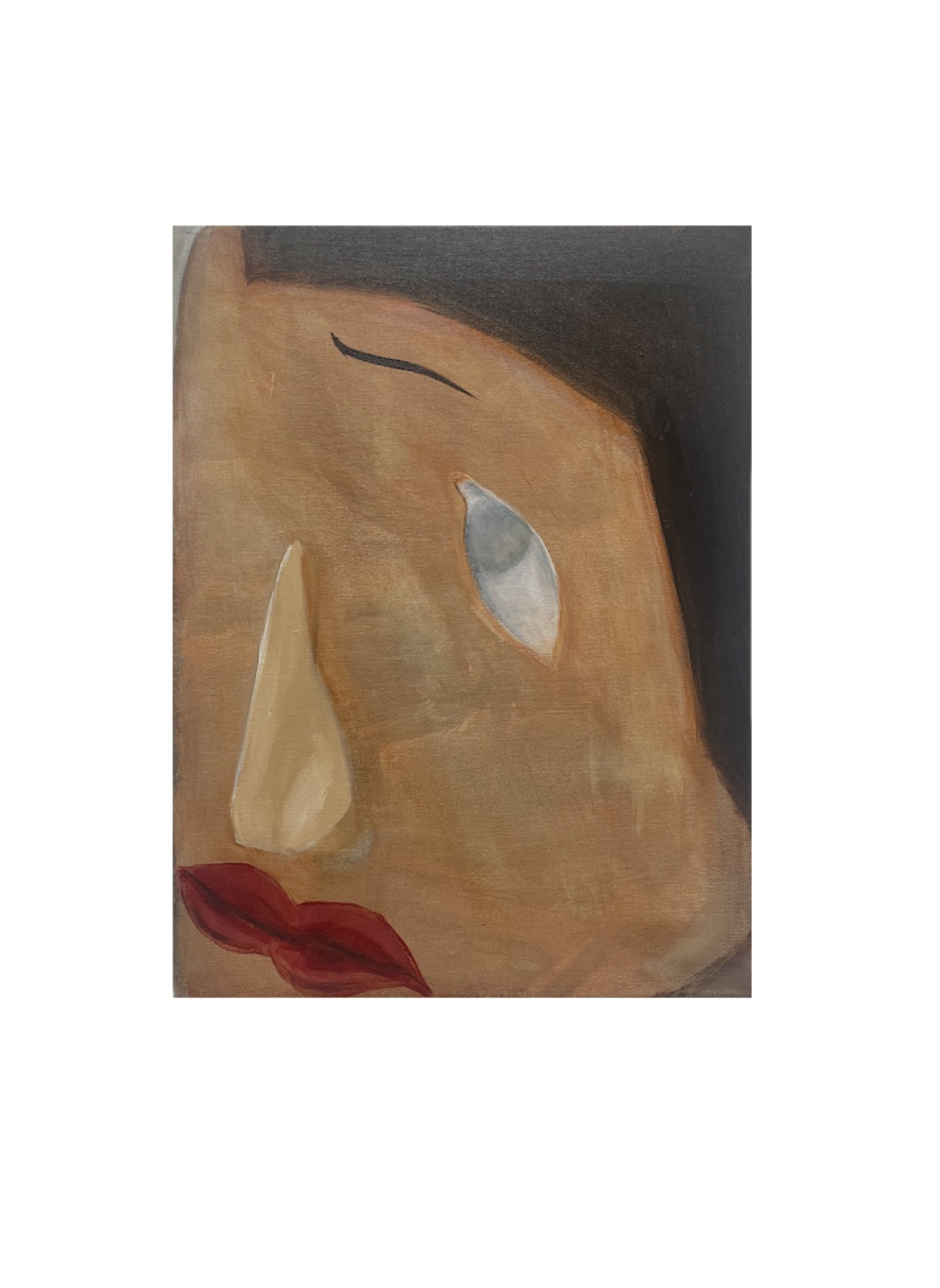An abstract painting of tangled pink, red and green marks within a black border.