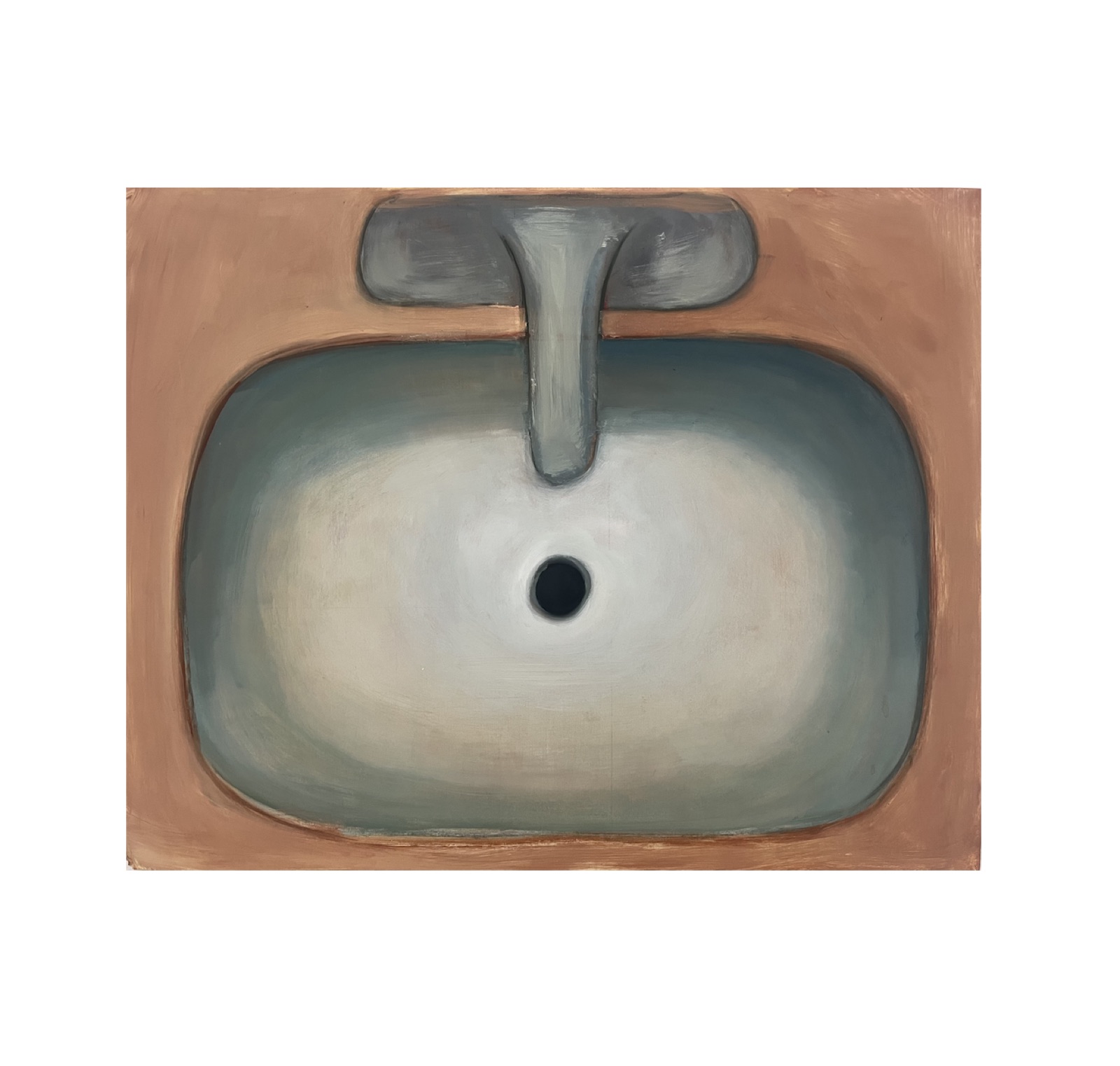 A painting of a bathroom sink with a terracotta-coloured surround, seen from above.