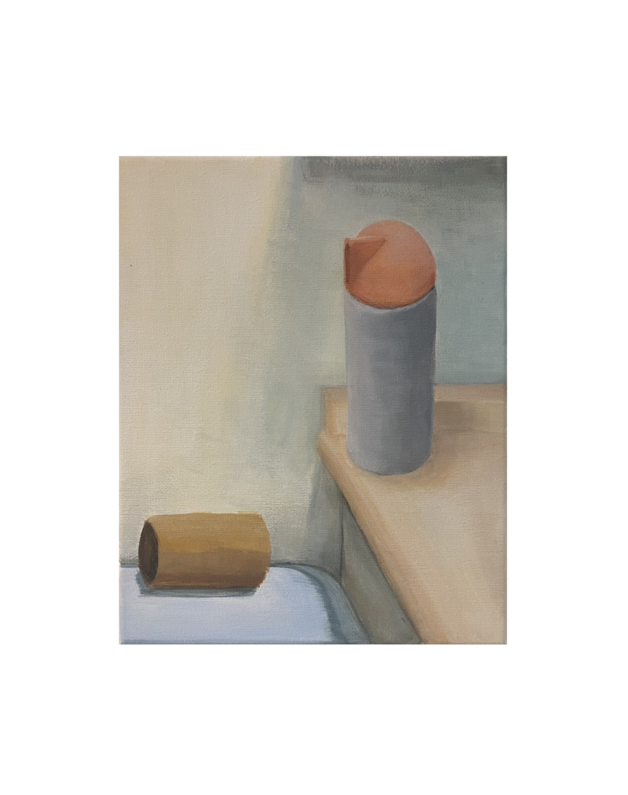 A still-life painting of two cylinders resting on pale blocks.