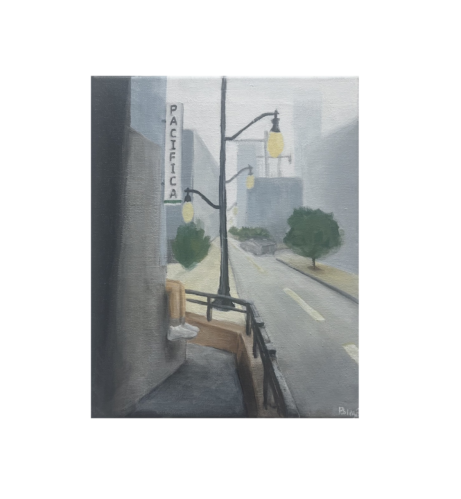 A painting of a foggy city street beside a vertical sign reading “PACIFICA”.