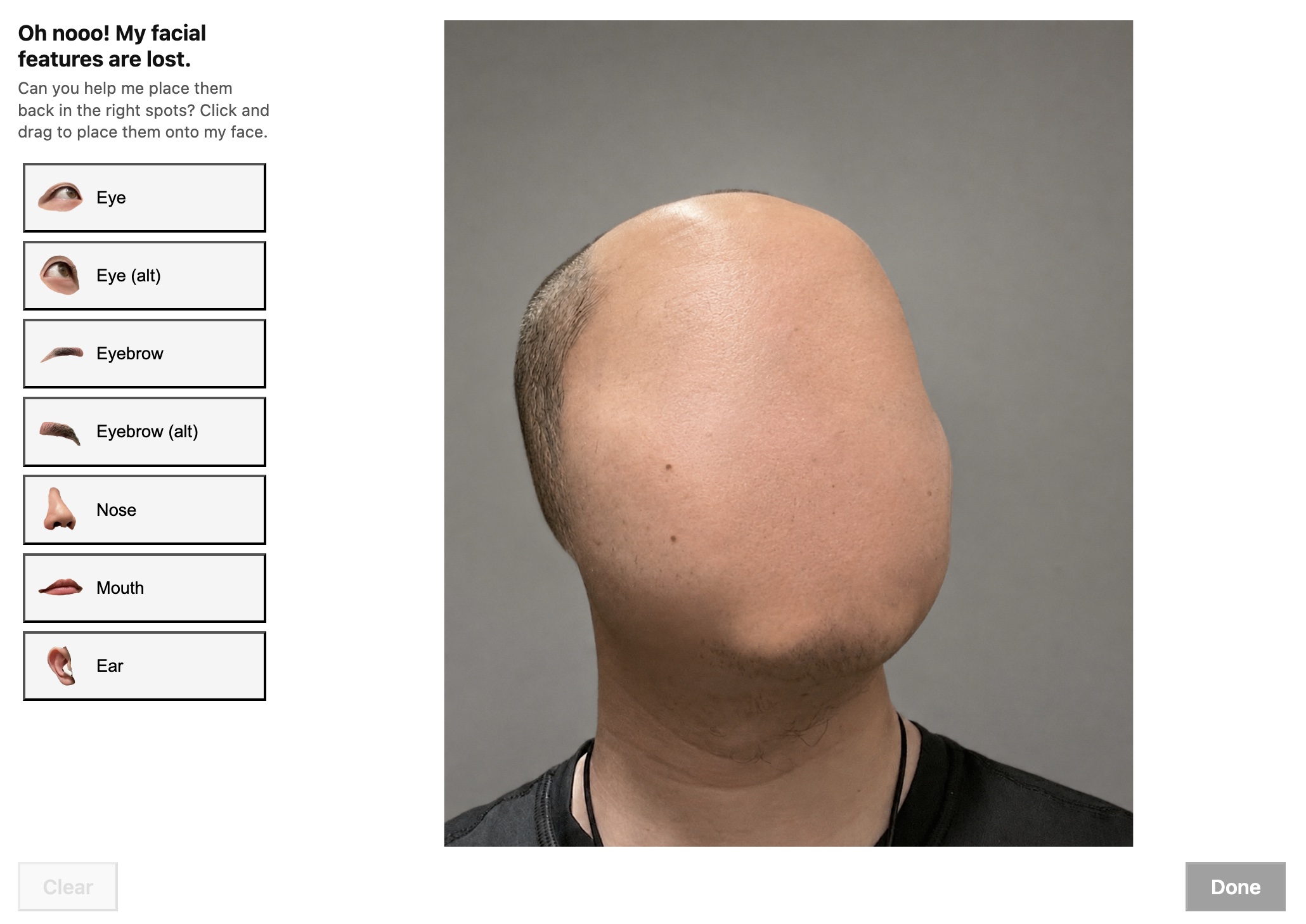 Screenshot: a face with its features removed, beside a list of draggable eyes, eyebrows, nose, mouth, and ear